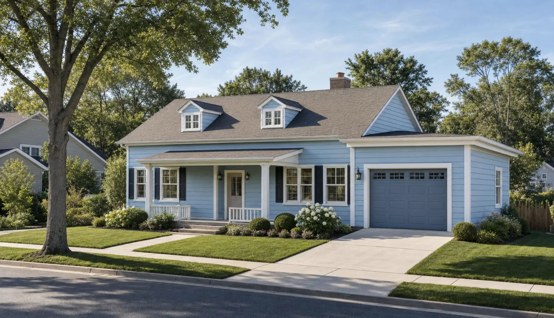 Photoreal exterior render of a blue production home with front porch and attached garage