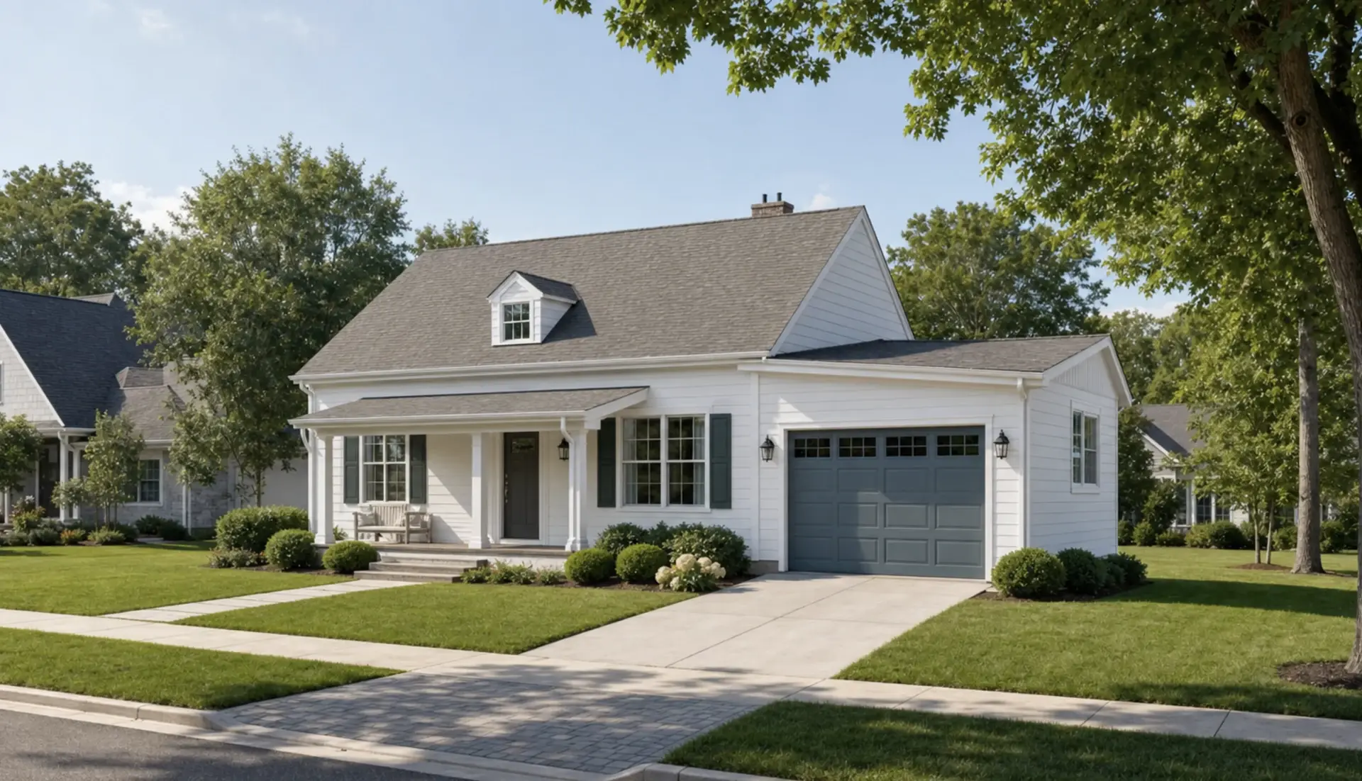 Photoreal exterior render of a white production home with front porch and attached garage